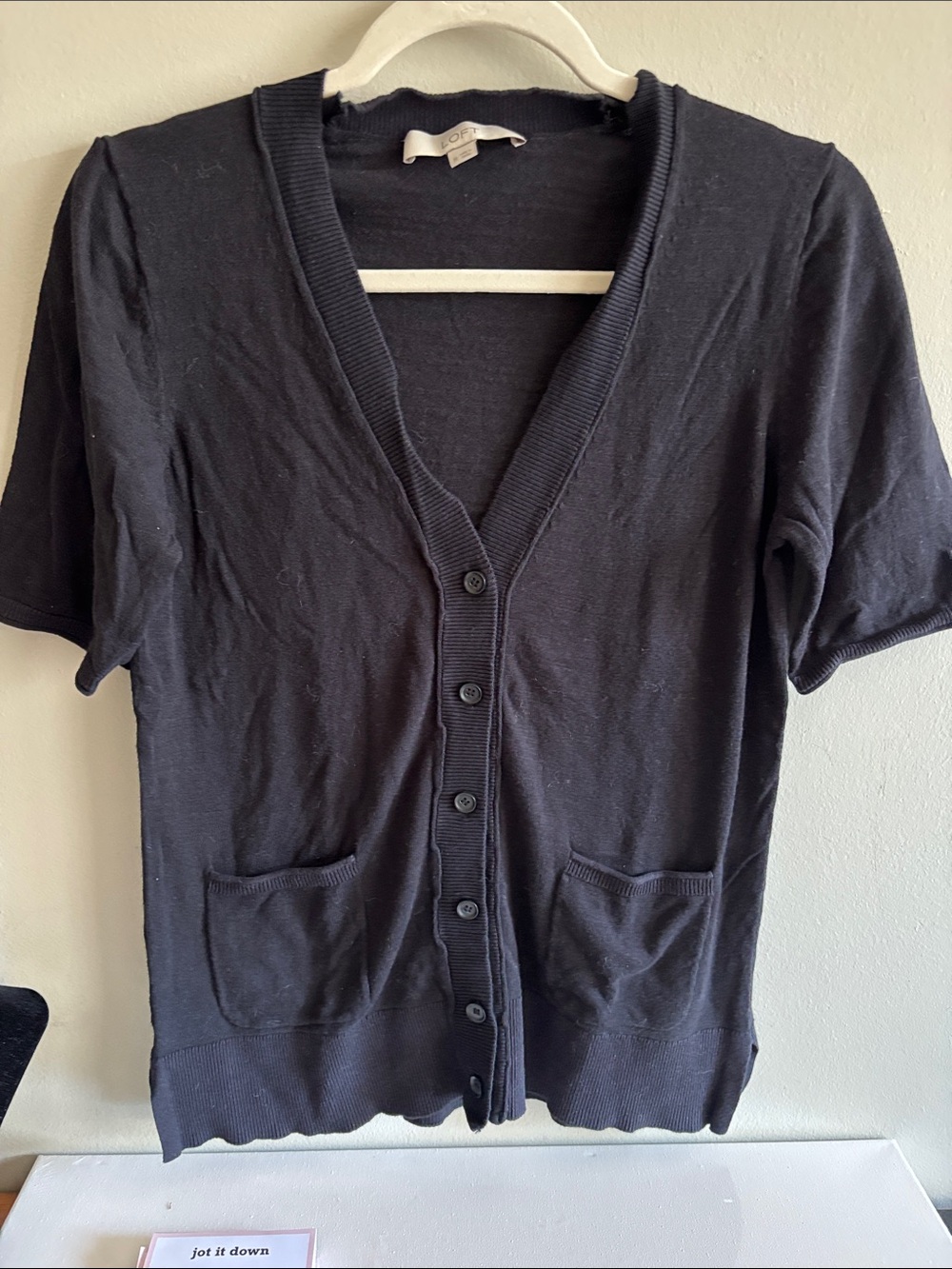 LOFT Black Short-Sleeve Button Front Cardigan